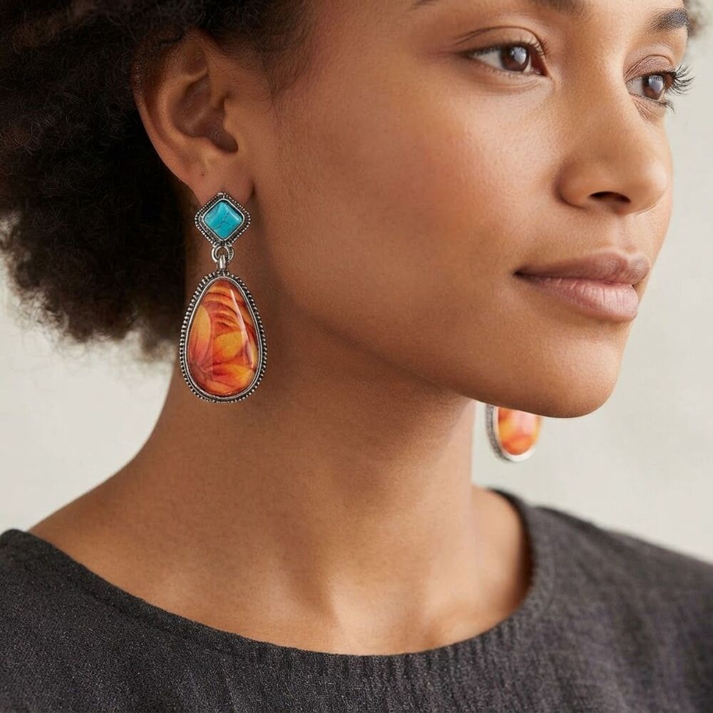NEW Carved Wood Faux Turquoise Earrings Drop Stud Boho Hippie Flower Silver